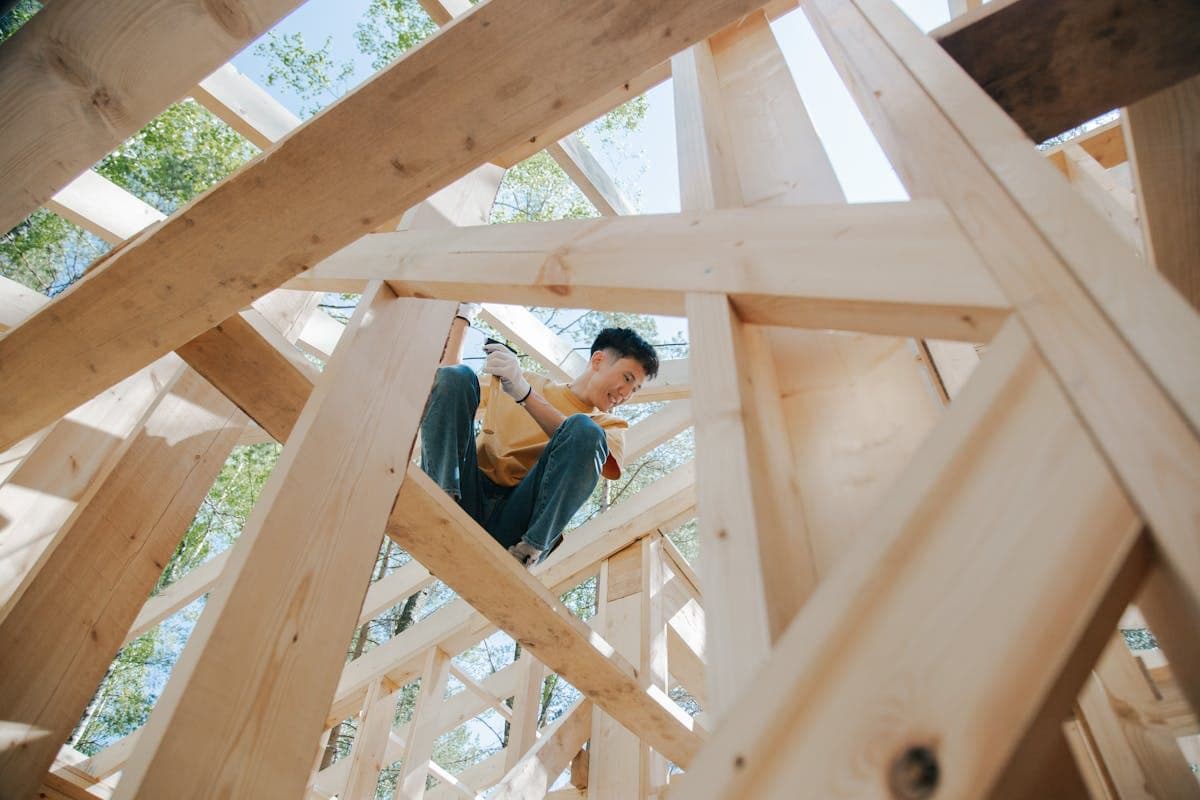 Structural framing with roof trusses installed